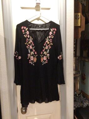 Sugarlips Black Midi Dress with Pink Floral Embroidery